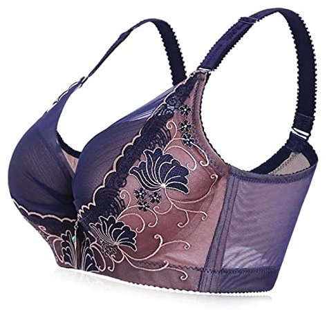 Kontvom Women Bras Embroidered Thin Adjustable Bra Comfortable Breathable Full Cup Lace Bra 42C Deepblue