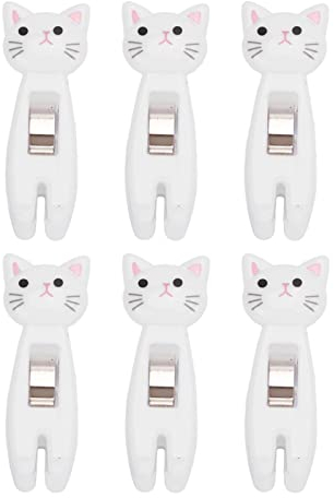 Lot de 6 épingles à Linge, Pinces à Puce d'étanchéité pour Chat de Dessin animé, Pinces à Linge pour Chat Mignon, Pince à collation pour Sac de Nourriture à Ressort en métal avec(Blanche)