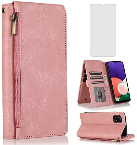 Compatible with Samsung Galaxy A22 5G 6.6 inch Wallet Case Tempered Glass Screen Protector Zipper Leather Flip Cover Card Holder Stand Cell Accessories Phone for Gaxaly A 22 22A G5 Women Rose Gold
