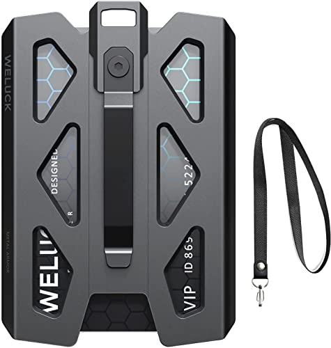 Weluck Ausweishalter, robuster Aluminium-Kartenhalter mit Metallclip, Schlüsselband, Ausweishalter, 4 Karten, verstaubar für Business, Büro, Arbeit, Polizei, Outdoor-Geschenk (schwarz02)