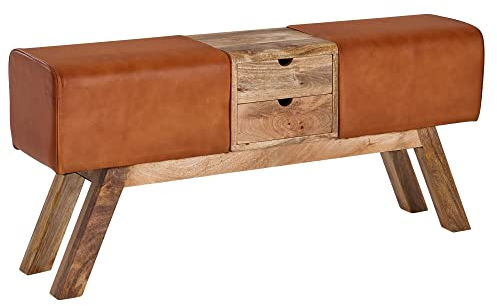 möbelando Design Turnbock Sitzbank Braun mit Schubladen 120x56x30 cm | Turnhocker Bank aus Echtleder mit Stauraum | Hocker Garderobenbank Sitzhocker Springbock Turnbank