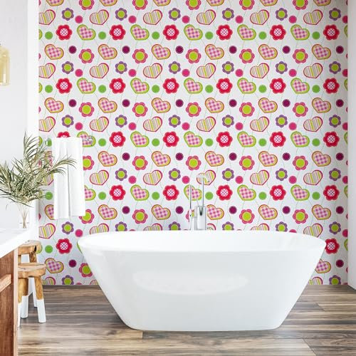 Ambesonne Retro Peel & Stick Wallpaper Home, Patchwork Inspired Design Colorful Patterned Flowers Hearts Dots Retro Girlish, Self-Adhesive Living Room Kitchen Accent, 33 cm x 250 cm, Pink Lime Green