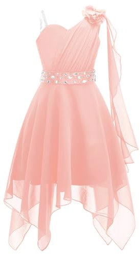 CHICTRY Bambine Ragazze Vestito da Festa Cerimonia Matrimonio Monospalla Elegante Abito da Sposa Comunione Battesimo Chiffon Vestito da Principessa Orlo Asimmetrico Rosa 13-14 Anni