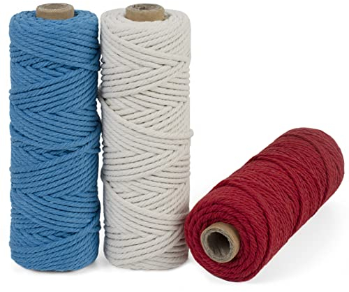 LEREATI Makramee Garn 3mm Set, 150m Makramee-Schnur, Farbig Baumwollseil, Baumwollgarn 3mm zum Makramee Deko, Hängepflanze, Wandbehang, Hochzeitsbogen (Seeblau, Natur, Rot)