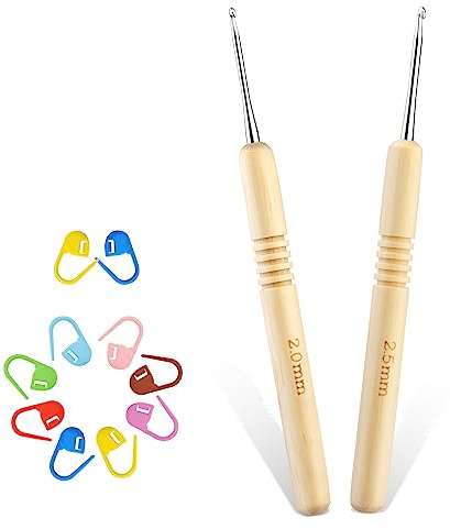 2 Stück Häkelnadeln, 2,0 mm–2,5 mm Häkelnadel-Set, Häkelnadel-Set für Anfänger, ergonomische Holzgriffe zum Häkeln mit Maschenmarkierern für Anfänger DIY-Stricker Häkelgarn