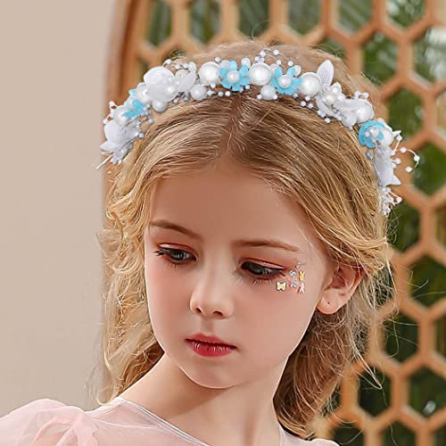 IYOU Princess Floral Headpiece Blue Pearl Headband Crystal Floral Bridal Hair Bands Accessories for Flower Girls Communion Wedding Birthday