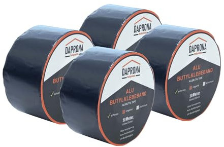 DAPRONA Butylband, Panzertape 10m x 75mm, 4 Stück Schwarz Dichtungsband Alu, Reparaturband, Dichtband Fenster Dachrinne, wasserfest, hitzebeständig