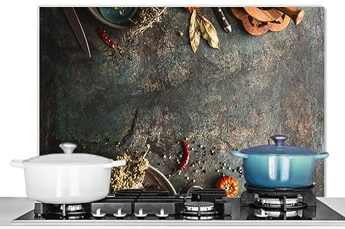 KitchenYeah© Fond de Hotte 90x60 cm Aluminium Crédence Cuisine Décoration Murale Crédence Plaque de Cuisson Anti Projection Marbre - Légumes - Automne - Citrouille - Rustique - Herbes