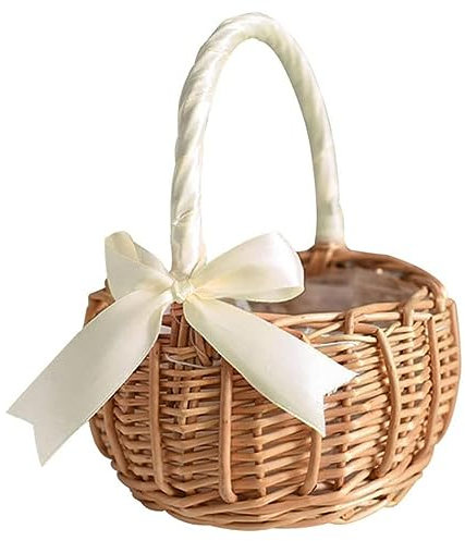 Petites Corbeilles Osier Avec Anse Environ 1,5 L, Fleur De Mariage Avec Poignées Et Ruban, Wicker Rotin Fille Panier De Fleurs, Panier De Mariage En Paille, Pour Mariage, Décoration, Fruits