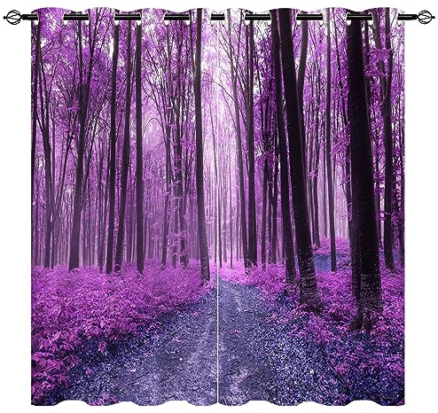 YUANZU Wald Szene Vorhänge Natur Nebelige Lila Wald Herbst Ösen Gardinen mit Blickdichte Vorhang Kälteschutz Blackout Curtain Wohnzimmer Schlafzimmer Verdunkelung Fenster, 2 Stück, H 220 x B 140 cm