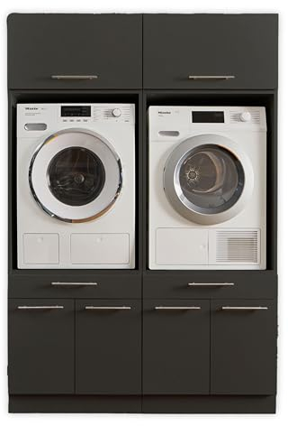 Laundreezy 2X Waschmaschinenschrank mit 2X Schrankaufsatz, Anthrazit - Waschmaschinen-Überbauschrank TÜV-Zertifiziert mit viel Stauraum - 135 x 200 x 67,5 cm (B/H/T)