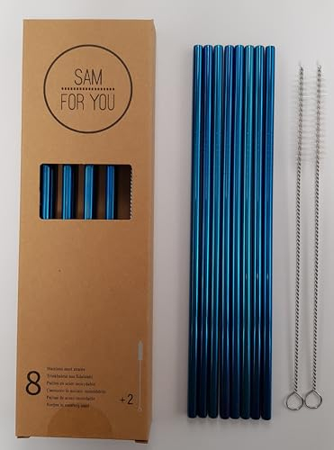 Sam for You Strohhalme aus Edelstahl, Set von 8 Trinkhalme und 2 Reinigungsbürste, wiederverwendbar, ideal für Cocktails, Heiß- und Kaltgetränke (Blau)