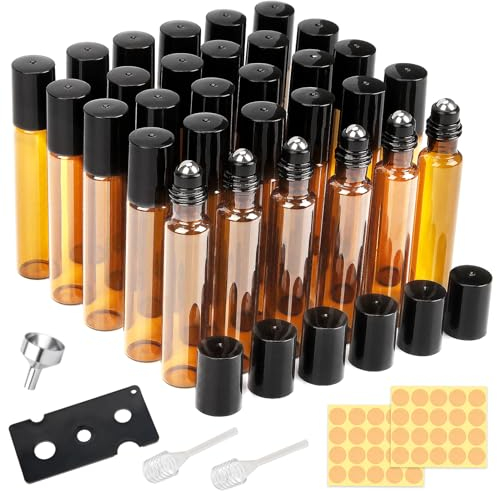 DKBT 30 Stk Roll on Flasche Leer 10ml Roll on Glasflaschen für Ätherisches Öl Braun Rollon Flaschen für Öle mit Edelstahl-Roller Ball Ätherische Öle Roll on für Ätherische Öle,Lotionen,Parfüm,Massage