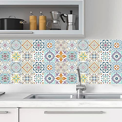 24pcs Light Moroccan Tile Stickers, Kitchen Bathroom Wall Tile Stickers Peel and Stick on Tile Transfers Covers Decals Self Adhesive Vinyl Waterproof Vintage Victorian Mosaic (15cm x 15cm, 6x6 inches)