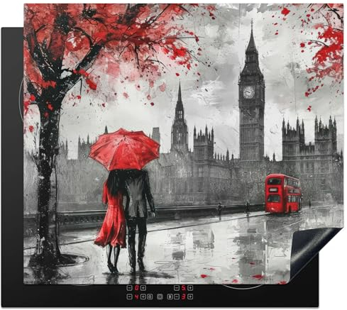 KitchenYeah© Protection Plaque Induction 60x52 cm Protege Deco Cuisine Cache Protège De Cuisson Accessoire Londres - Rouge - Noir - Couple - Romantique - 60x52 cm
