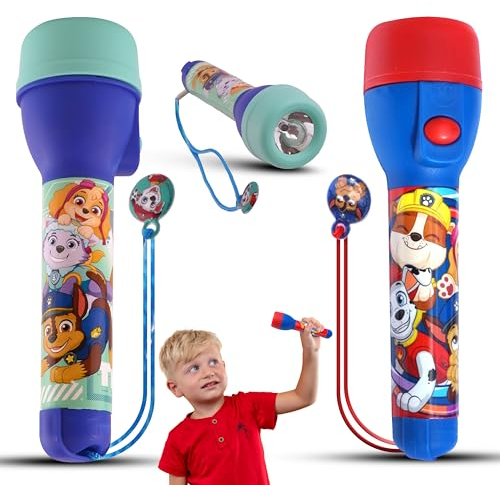SRV Hub Paw Patr0l Lot de 2 lampes de poche LED en plastique pour enfants, camping, randonnée, voyage, cyclisme, extérieur - Piles incluses avec lumens de 3,5 cm - Taille : 16 cm