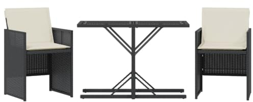 vidaXL Bistro Set 3-TLG., Gartenmöbel mit Kissen Tisch und 2 Stühle, Gartengarnitur Platzsparend, Garten Balkon Terrasse Möbel, Schwarz Poly Rattan