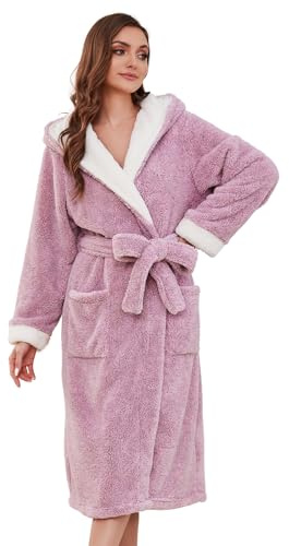 HEARTNICE Damen Plüsch Bademantel mit Kapuze, weicher warmer langer Morgenmantel für Frauen flauschige Winter Loungewear (Hellrosa Mel., S/M)