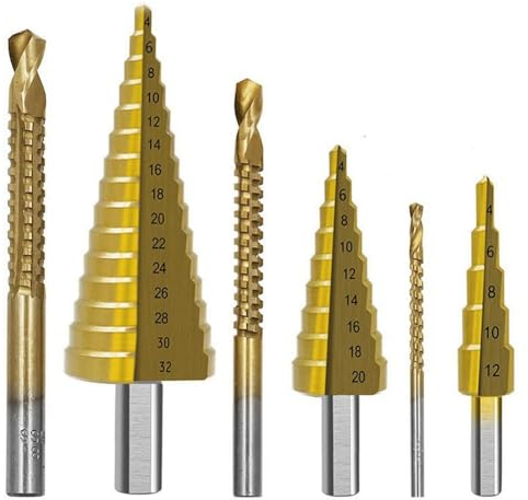 6-teiliges Stufenbohrer Set mit titanbeschichtet, Stufenbohrern für Metall, Edelstahl, Kunststoff, Holz (4-12mm/4-20mm/4-32mm), Spiralbohrern für Holz Kunststoff Dünnes Aluminium (3mm/6mm/8mm)