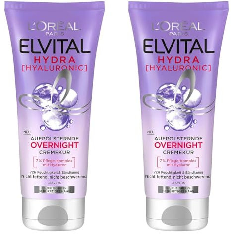 L'Oréal Paris Elvital feuchtigkeitsspendende Haarmaske, Leave In für glänzendes und gesundes Haar über Nacht, Mit Hyaluron für einen Feuchtigkeitsboost, Hydra Hyaluronic Overnight Mask, 1 x 200 ml