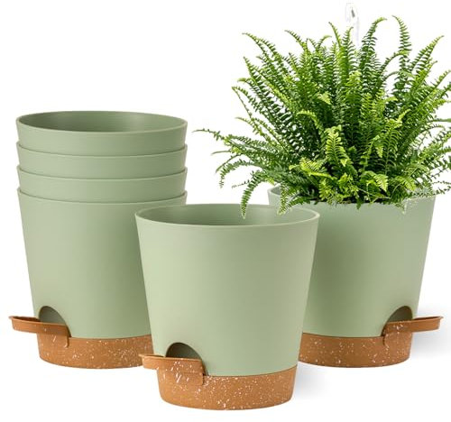 Gardrium Kunststoff Blumentopf Pflanzentopfs (15,2 cm) 6er-Set, Plastik Übertopf mit Ablauflöchern, Pflanzkübel für Innenbereich Balkon,Grün mit braunem Untersetzer