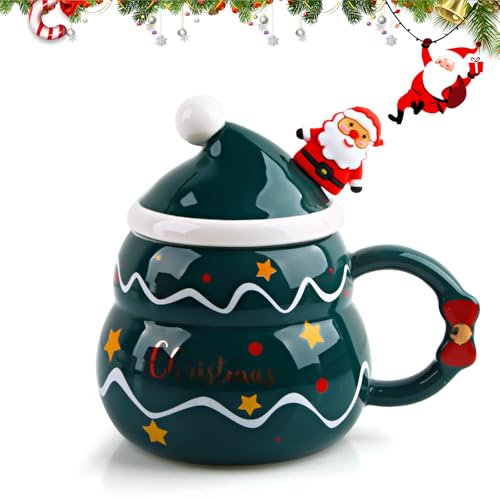 SilverChry Tasse de Noël en Céramique - Sapin, Café, Lait - Avec Couvercle et Cuillère - Mug Cadeau (Vert)