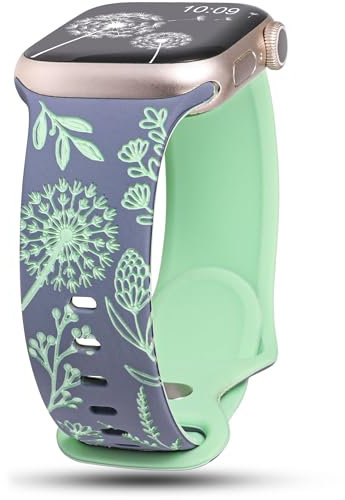 Wearlizer Floral Engraved Strap Compatible with Apple Watch Band 41/40/38/42mm Women, Two-Tone Flower Soft Silicone Sport Strap for iWatch Series 11 10 9 8 7 6 5 4 3 2 1 SE Blue/Light Green
