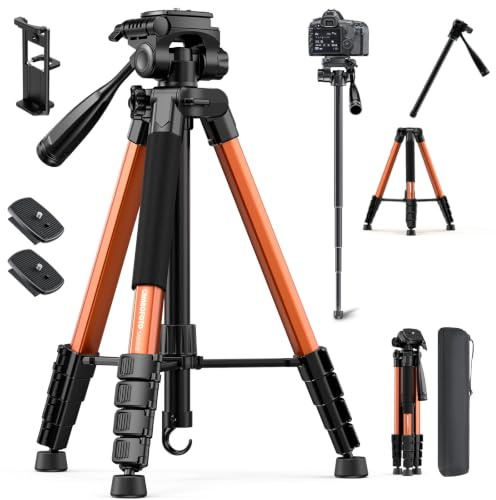 CAMBOFOTO 180 cm Kamerastativ und Einbeinstativ, professionelles Aluminium-Stativ für spiegellose Kamera/DSLR/Handy/Camcorder/GoPro, mit Handyhalterung und Reisetasche, Orange