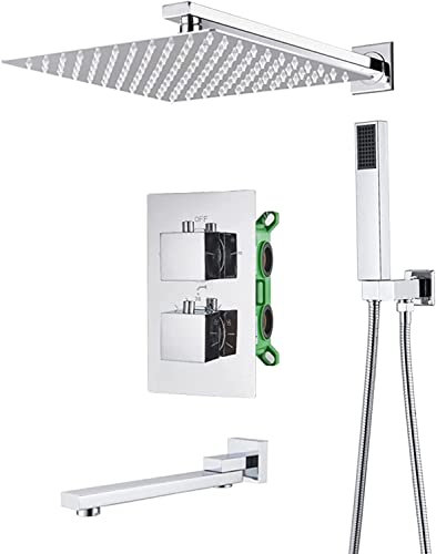 TATITZRO Duschsystem Thermostatisches Unterputz-Duscharmatur-Set Chrom Wandmontiertes Luxus-Dusch-Kombi-Set mit Handbrause und Regenduschkopf Fortschrittliche Lufteinspritztechnologie, 16 Z