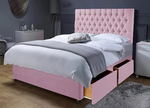 Cosy Pink Plush Divan Single Bed | 2 Storage Drawers & 20” Chesterfield Headboard | Single Bed Frame with Spring Memory Foam Mattress