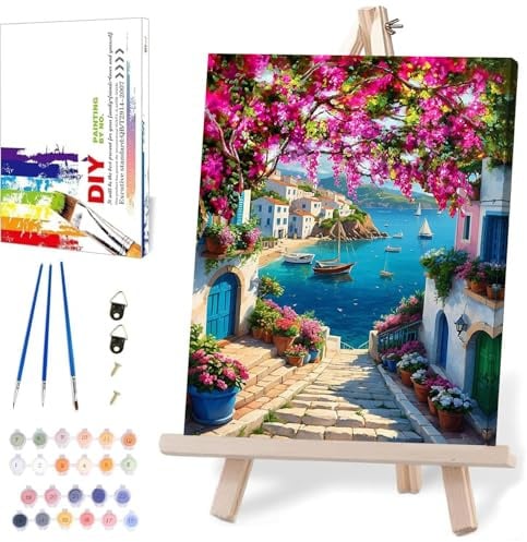 Peinture de paysage par numéros pour adultes avec toile encadrée et chevalet en bois, kit de peinture par numéros avec pinceaux, fleurs et huile de mer avec joli coffret cadeau pour décoration murale