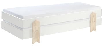 Stapelbett >Moldulo< Art. Set best. aus 2 Einzelbetten/Stapelbetten je 90 x 200 cm Liegefläche, weiß lackiert, Fuß Pfeil-Optik Kiefer natur lackiert, Stellfläche ca.: B: 203,6 x H: 27,5 x T: 93,8 cm.
