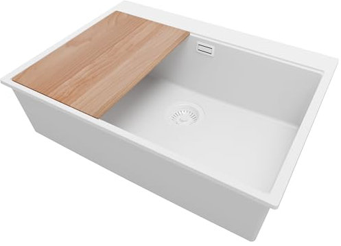 PRIMAGRAN Fregadero Cocina Todo Blanco 68x50cm, Granito 1 Seno + Sifón + Tabla de cortar, Sobre encimera al mueble 70cm - Oslo S221