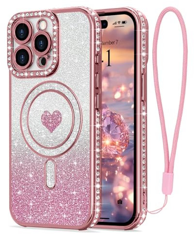 LAPOPNUT for iPhone 13 Pro Max Magnetic Case [Compatible with MagSafe][Glitter Card & Wrist Strap],Girls Women Bling Sparkle Rhinestone Diamond Raised Lens Protection Cover for iPhone 13 Pro Max,Pink