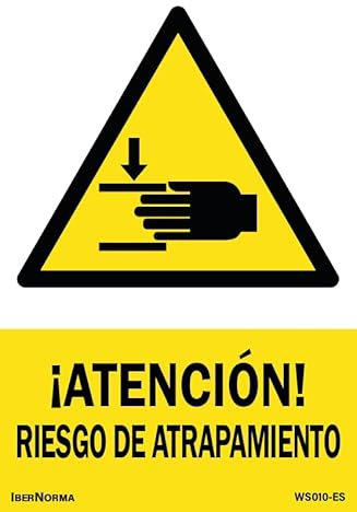 IberNorma WS010 - Señal Adhesiva de ¡Atención! Riesgo de atrapamiento 10x15cm Pegatina de Peligro de aprisionar o atrapar las manos homologada Cartel ideal para maquinaria industrial (10x15cm)