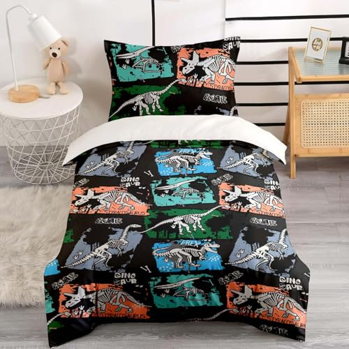 HOMHOMHA Single Duvet Cover Set - Dinosaur Fossils Black Prehistoric Themed Bedding Set, Jurassic Bed Cover for Boys Girls- 135x200cm Duvet Cover & 50x75cm Pillowcase