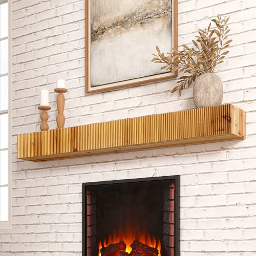 blingworld Fluted Wood Floating Shelf, Fireplace Mantle Shelf Bedroom/Kitchen/Living Room/Office, 152 cm, Pine, Wall Mount, Oak