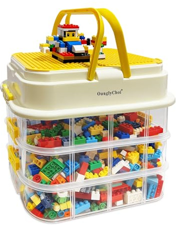 OunglyChoi Storage Boxes with Lids for Lego Cube 4-Layers Stackable Blocks Organizing Box with Handle Clear Compartment Container for Kids Toy - Blocks, Bricks, Board, Puzzle Organizing