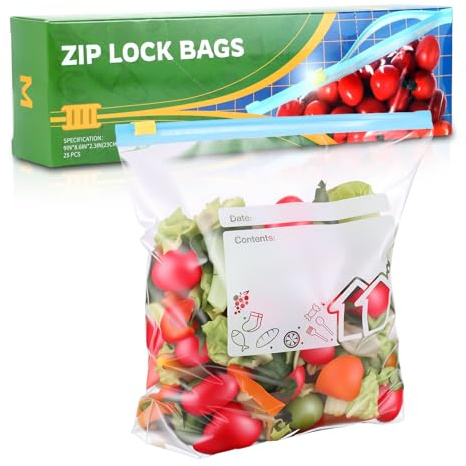 25 Pcs Zip Lock Bags, Food Freezer Bags 2.27L, Sandwich Bag, Ziplock Bag | Leak-Resistant Zip Seal, Reusable, Expandable Bottom, BPA Free, for Food Storage Fruits, Vegetables, Meat, Grains, Snack