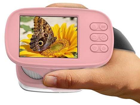 Barnmikroskop med förbättrad skärm på 2,4 tum och 4K-upplösning bärbart minimikroskop med ficka (1000x) Stem pedagogisk leksak för vetenskap, födelsedag (rosa)