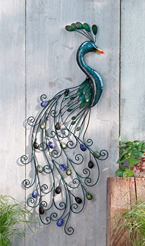 Dekoleidenschaft Wandhänger Pfau aus Metall im Antik Look, 38x92 cm, für Drinnen und Draussen, Balkondeko, Wanddeko, Wandbild, Relief