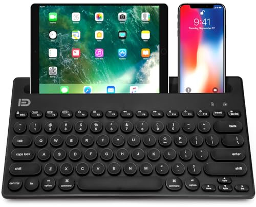 Attoe - Clavier sans fil Bluetooth double canal - Universel - Mignon - Portable - Fin - Avec 20 m de distance de connexion - Pour tablette, smartphone, PC, Windows, Android, iOS, Mac - Noir