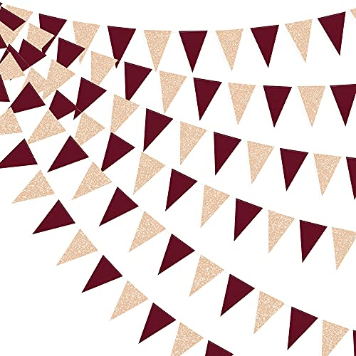 30Ft Double Sided Burgundy Red And Glitter Champagne Gold Paper Triangle Flag Bunting Pennant Banner for Birthday Holiday Wedding Anniversary Bridal Shower Hen Party Theme Christmas Party Decorations