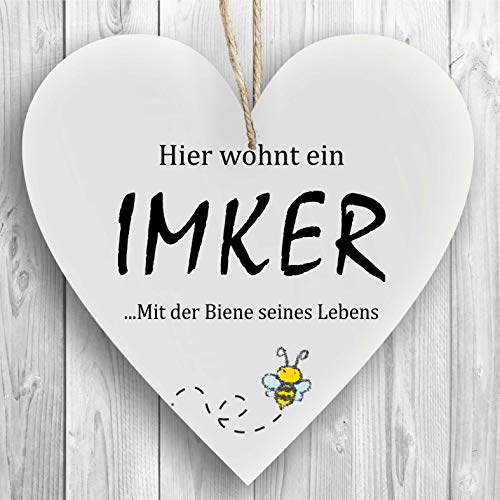 Herzschild Holzherz Holzschild 16 x 16 cm Hier wohnt EIN Imker mit der Biene seines Lebens weiß Dekoschild Wandschild Schild Holz Geschenk