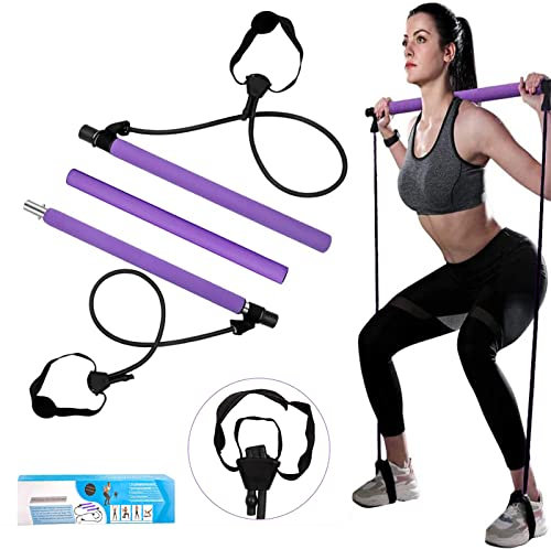 ABsuper Pilates Bar Kit, Super Portable Yoga Exercise Pilate Stick Set with Resistance Band Foot Loop, Fitness equipment for Stretch Sculpt Twisting Sit-Up for Man Women Home Gym (Purple)
