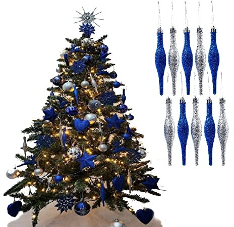 Simply Products 10 Droplet Baubles - Great Christmas Tree Decoration, Matte & Glitter Icicle Baubles (Royal Blue & Silver Glitter)