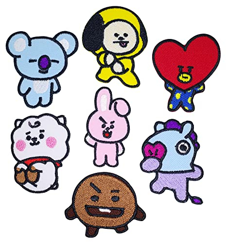Octory 7 Stück BT21 Aufnäher zum Aufbügeln für Kleidung, zum Aufbügeln oder Aufbügeln, bestickt, für Jeans, Hüte, Taschen