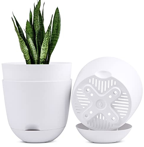 QCQHDU Lot de 3 Pots de Fleurs à arrosage Automatique de 25,4 cm avec Soucoupe Profonde pour intérieur et extérieur - Blanc…