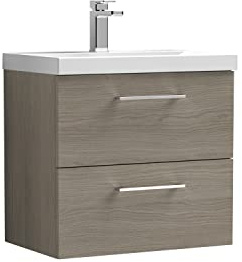 nuie ARN2524D Arno Modern Bathroom Wall Hung 2 Drawer Vanity Unit with Thin-Edge Ceramic Basin, 600mm, Woodgrain Solace Oak