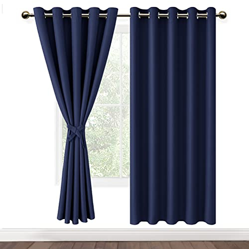DWCN Blickdichte Vorhänge Schlafzimmer Ösenvorhang Verdunkelungsgardinen mit Ösen 2 Stücke Thermogardine für Wohnzimmer, Dunkelblau, 183x167cm(HxB)